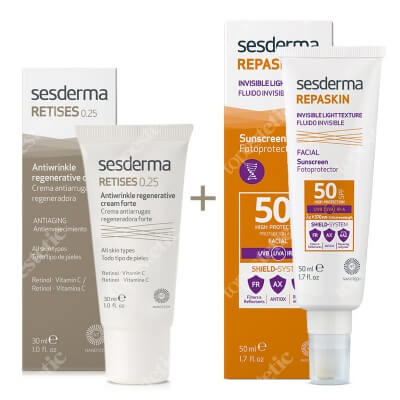 Sesderma Repaskin Fluido Invisible + Retises 0,25% ZESTAW Emulsja SPF50 50 ml + Regenerujący krem przeciwzmarszczkowy 30 ml