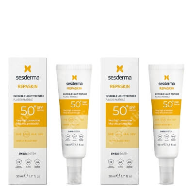 Sesderma Repaskin Fluido Invisible SPF 50+ 2 Pack ZESTAW Filtry mieszane najnowszej generacji zapewniają ochronę przed promieniowaniem UVB, UVA oraz IR i światłem niebieskim 50 ml x 2