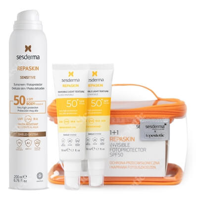 Sesderma Repaskin Fluido Invisible SPF 50+ New x 2 + Repaskin Aerosol Sensitive SPF 50+ ZESTAW Emulsja 50 ml x 2 + Kosmetyczka + Wodoodporny spray z ochroną przeciwsłoneczną przed UVA, UVB oraz IR,A do ciała 200 ml