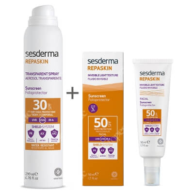 Sesderma Repaskin Fluido Invisible + Transparent Spray Aerosol SPF 30+ ZESTAW Krem-żel SPF50 50 ml + Spray przeciwsłoneczny do ciała 200 ml
