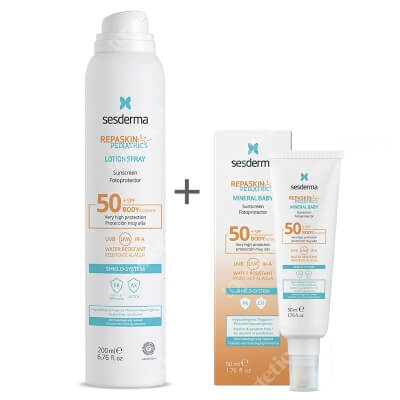 Sesderma Repaskin Mineral Baby Fotoprotector SPF 50+ + Repaskin Lotion Body Spray SPF 50+ ZESTAW Wodoodporny krem przeciwsłoneczny dla dzieci 50 ml + Spray przeciwsłoneczny dla dzieci 200 ml
