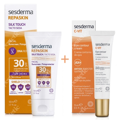 Sesderma Repaskin Silk Touch SPF 30 + C-VIT Eye Contour Cream ZESTAW Wysoka ochrona przeciwsłoneczna SPF 30 50 ml + Krem pod oczy 15 ml