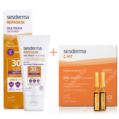 Sesderma Repaskin Silk Touch SPF 30 + C-VIT Intensive Serum ZESTAW Wysoka ochrona przeciwsłoneczna SPF 30 50 ml + Intensywne Serum 12% Ampułki 5 x 2 ml