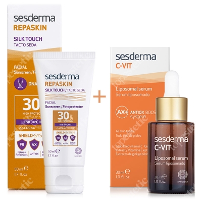 Sesderma Repaskin Silk Touch SPF 30 + C-VIT Liposomal Serum ZESTAW Wysoka ochrona przeciwsłoneczna SPF 30 50 ml + Serum liposomowe 30 ml