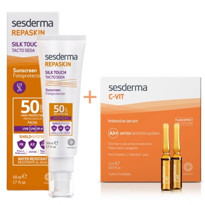 Sesderma Repaskin Silk Touch SPF 50 + C-VIT Intensive Serum ZESTAW Krem liposomowy SPF 50 50 ml + Intensywne Serum 12% Ampułki 5 x 2 ml