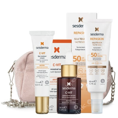 Sesderma Repaskin Silk Touch SPF 50 + C-VIT Liposomal Serum + C-VIT Eye Contour Cream ZESTAW Krem liposomowy SPF 50 50 ml + Serum liposomowe 30 ml + Krem pod oczy 15 ml + Kosmetyczka 1 szt