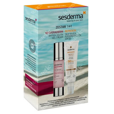 Sesderma Repaskin Silk Touch SPF 50 + Resveraderm Youth Gel Cream ZESTAW Krem liposomowy SPF 50 50 ml + Krem-żel przeciwstarzeniowy 50 ml, Kartonik