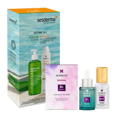 Sesderma Repaskin Transparent Spray Aerosol SPF 50+ + Hidraloe + Sesmahal B5 - Panthenol + Sesmahal Mist ZESTAW Spray przeciwsłoneczny do ciała 200 ml + Żel Aloe 250 ml, Kartonik + Liposomane serum z witaminą B5, 30 ml + Mgiełka 30 m
