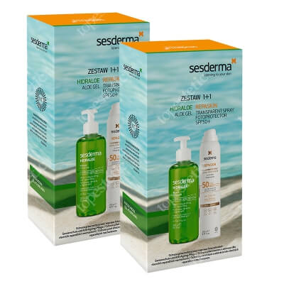 Sesderma Repaskin Transparent Spray Aerosol SPF 50+ + Hidraloe x 2 ZESTAW Spray przeciwsłoneczny do ciała 200 ml + Żel Aloe 250 ml, Kartonik x 2