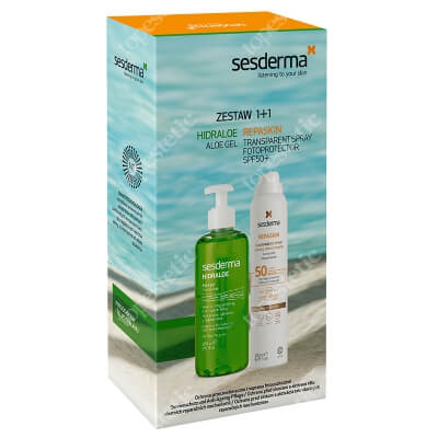 Sesderma Repaskin Transparent Spray Aerosol SPF 50+ + Hidraloe ZESTAW Spray przeciwsłoneczny do ciała 200 ml + Żel Aloe 250 ml, Kartonik