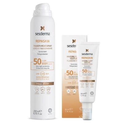 Sesderma Repaskin Transparent Spray Aerosol SPF 50+ + Repaskin Fluido Invisible ZESTAW Spray przeciwsłoneczny do ciała 200 ml + Emulsja SPF50 50 ml