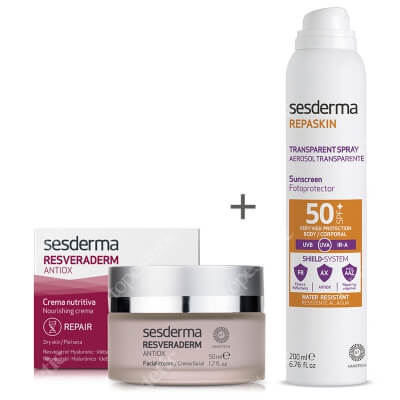 Sesderma Resveraderm Facial Cream + Repaskin Transparent Spray Aerosol SPF 50+ ZESTAW Krem przeciwstarzeniowy 50 ml + Spray przeciwsłoneczny do ciała 200 ml