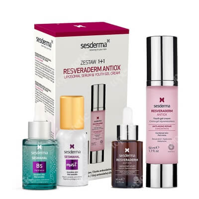 Sesderma Resveraderm Liposomal Serum + Resveraderm Youth Gel Cream + Sesmahal B5 - Panthenol + Sesmahal Mist ZESTAW Serum liposomowe przeciwstarzeniowe 30 ml + Krem-żel przeciwstarzeniowy 50 ml + Liposomane serum z witaminą B5, 30 ml + Mgiełka 30 ml