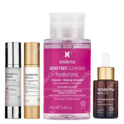 Sesderma Reti Age Anti-Aging Gel Cream + Reti Age Serum + Daeses + Sensyses Hyaluronic ZESTAW Krem-żel przeciwstarzeniowy 50 ml + Serum przeciwzmarszczkowe 30 ml + Żel ujędrniający szyję 50 ml + Płyn oczyszczający 200 ml