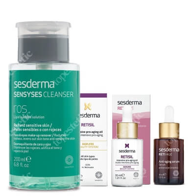 Sesderma Reti Age Serum + Retisil Intensive Pro-Aging Oil + Sensyses Cleanser Ros ZESTAW Serum przeciwzmarszczkowe 30 ml + Olejek przeciwstarzeniowy 30 ml + Płyn oczyszczający do skóry wrażliwej i zaczerwienionej 200 ml