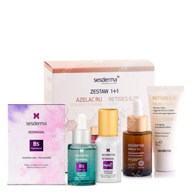 Sesderma Retises 0,25% + Azelac RU + Sesmahal B5 - Panthenol + Sesmahal Mist ZESTAW Krem przeciwzmarszczkowy 30 ml + Serum liposomowe 30 ml Kartonik + ZESTAW Serum z witaminą B5, 30 ml + Mgiełka 30 ml