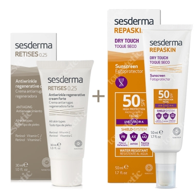 Sesderma Retises 0,25% + Repaskin Dry Touch SPF 50 ZESTAW Regenerujący krem przeciwzmarszczkowy 30 ml + Krem ochronny SPF50 50 ml