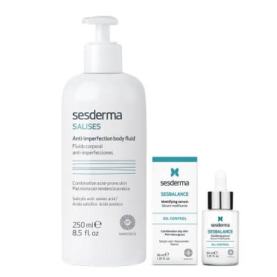 Sesderma Salises Anti - Imperfection Body Fluid + Sesbalance Mattifying Serum ZESTAW Balsam do ciała przeciw niedoskonałościom 250 ml + Serum matujące, regulujące wydzielanie sebum z retinolem 30 ml