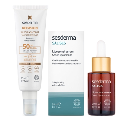 Sesderma Salises + Repaskin Silk Touch Color SPF 50 ZESTAW Serum do pielęgnacji skóry tłustej, trądzikowej 30 ml + Koloryzujący krem zapewniający wysoką ochronę przeciwsłoneczną 50 ml
