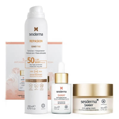 Sesderma Samay Cream + Samay Serum + Repaskin Aerosol Sensitive SPF 50+ ZESTAW Krem przeciwstarzeniowy 50 ml + Serum przeciwstarzeniowe 30 ml Kartonik + Wodoodporny spray z ochroną przeciwsłoneczną przed UVA,