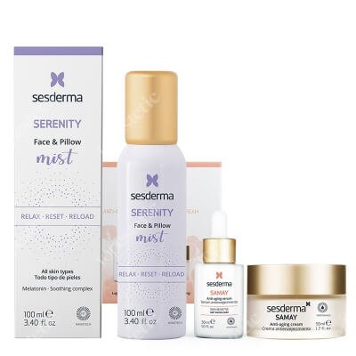Sesderma Samay Cream + Samay Serum + Serenity Mist ZESTAW ZESTAW Krem przeciwstarzeniowy 50 ml + Serum przeciwstarzeniowe 30 ml Kartonik + Mgiełka liposomalna 100 ml