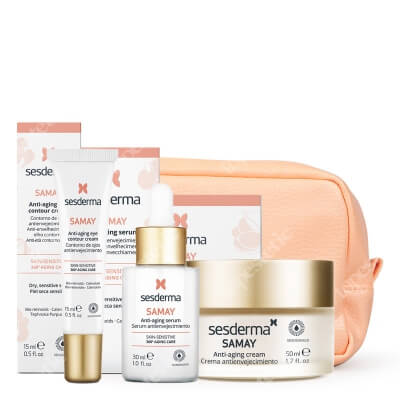 Sesderma Samay Set ZESTAW Serum przeciwstarzeniowe 30 ml + Krem przeciwstarzeniowy 50 ml + Krem kontur oczu przeciwstarzeniowy 15 ml + Kosmetyczka pomarańczowa 1 szt