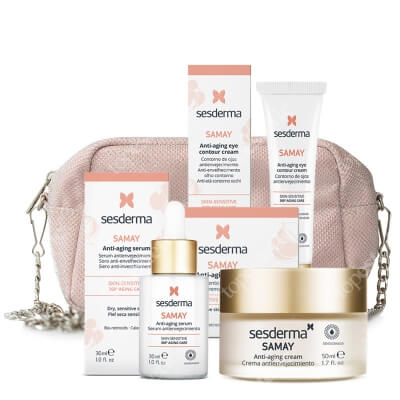 Sesderma Samay Set ZESTAW Serum przeciwstarzeniowe 30 ml + Krem przeciwstarzeniowy 50 ml + Krem kontur oczu przeciwstarzeniowy 15 ml + Różowa kosmetyczka 1 szt