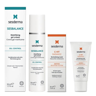 Sesderma Sesbalance Mattifying Gel Cream + C-VIT Radiance ZESTAW Krem-żel matujący do skóry z tendencją do trądziku i błyszczenia z retinolem 50 ml + Rewitalizująca maska 30 ml