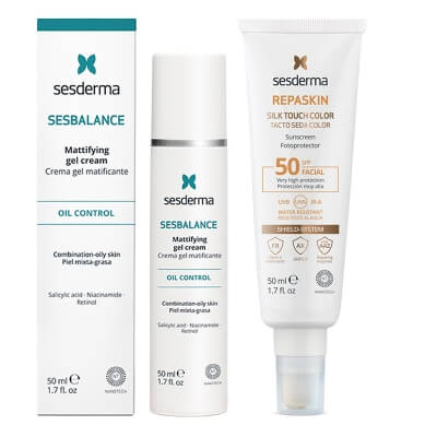 Sesderma Sesbalance Mattifying Gel Cream + Repaskin Silk Touch Color SPF 50 ZESTAW Krem-żel matujący do skóry z tendencją do trądziku i błyszczenia z retinolem 50 ml + Koloryzujący krem zapewniający wysoką ochronę