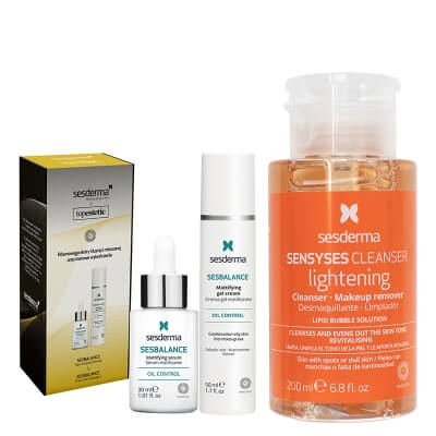 Sesderma Sesbalance Serum + Sesbalance Creme - Gel + Sensyses Cleanser Lightening ZESTAW ZESTAW Pielęgnacja Skóry Tłustej, Mieszanej i Błyszczącej - Serum matujące 30 ml + Krem-żel matujący 50 ml + Płyn oczyszczający do