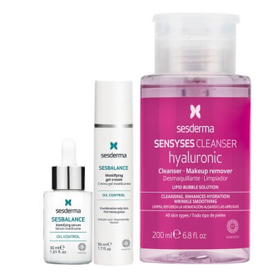 Sesderma Sesbalance Serum + Sesbalance Creme - Gel + Sensyses Hyaluronic ZESTAW Serum matujące 30 ml + Krem-żel matujący 50 ml + Płyn oczyszczający 200 ml