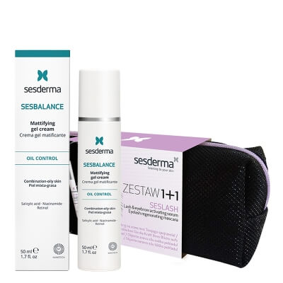 Sesderma Seslash + Seslash Black + Sesbalance Mattifying Gel Cream ZESTAW ZESTAW Serum aktywujące wzrost rzęs i brwi 5 ml + Regenerujący tusz do rzęs 5 ml + Kosmetyczka czarna 1 szt + Krem-żel matujący 1 szt