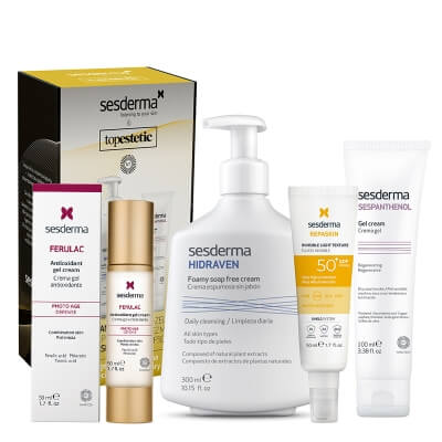 Sesderma Sespanthenol + Hidraven + Repaskin Fluido Invisible + Ferulac Cream - Gel ZESTAW Krem - Żel regeneracyjny 100 ml + Krem do mycia twarzy 300 ml + Emulsja Spf 50+ , 50 ml + Krem - żel 50 ml
