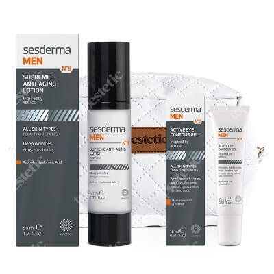 Sesderma MEN N9 Supreme Anti-Aging Lotion + Active Eye Contour Gel + Kosmetyczka Topestetic ZESTAW Krem przeciwzmarszczkowy 50 ml + Żel pod oczy 15 ml + Biała,