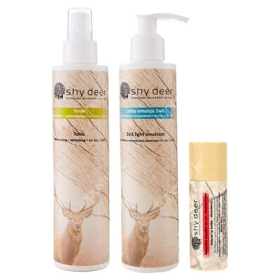 Shy Deer Beauty Face ZESTAW Lekka emulsja 200 ml + Tonik  200 ml + Naturalne masełko do ust - truskawkowe 12 ml