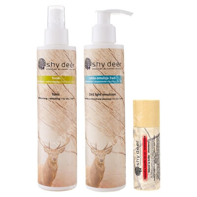 Shy Deer Beauty Face ZESTAW Lekka emulsja 200 ml + Tonik 200 ml + Naturalne masełko do ust - truskawkowe 12 ml