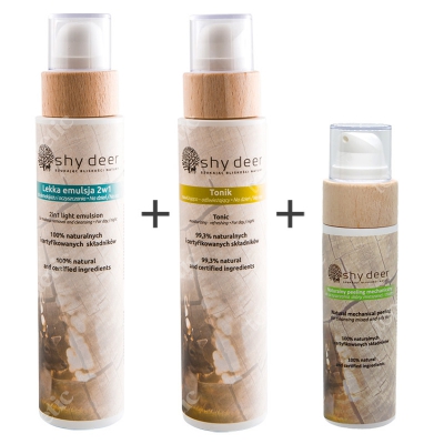 Shy Deer Rytuał Świąteczny Dla Cery Tłustej i Mieszanej 2019 ZESTAW Lekka emulsja 200 ml + Tonik nawilżająco-odświeżający 200 ml + Peeling mechaniczny 100 ml