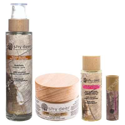 Shy Deer Rytuał Świąteczny - Zero Waste 2019 ZESTAW Krem dla skóry okolicy oczu 30 ml + Serum hipoalergiczne 30 ml + Balsam brązujący 200 ml + Masełko do ust 12 ml