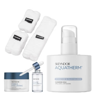 Skeyndor Clear and Moisture Set ZESTAW Mleczko oczyszczające 250 ml + Krem do skóry suchej i bardzo suchej 50 ml + Serum nawilżające 30 ml + Opaski 3 szt