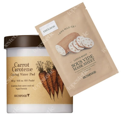 Skinfood Carrot Carotene Calming Water Pad + Lotus Root Sous Vide Mask Sheet ZESTAW Nawilżające płatki do twarzy 250 g + Maseczka w płachcie 20 g