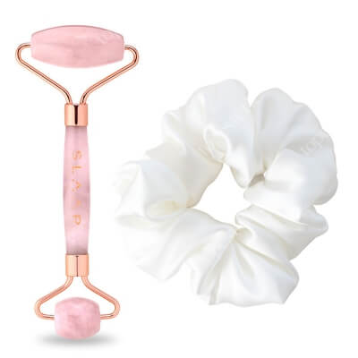 Slaap Slaap Rose Quartz + Scrunchie White ZESTAW Roller do masażu twarzy z różowego kwarcu 1 szt. + Jedwabna gumka do włosów - biała 1 zt