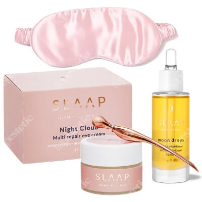 Slaap Slaap Silk Mask Rose New + Night Cloud + Moon Drops ZESTAW Jedwabna opaska na oczy do spania (różowa) 1 szt. + Krem do pielęgnacji okolic oczu 15 ml + Wielozadaniowe serum olejowe na noc 30 ml