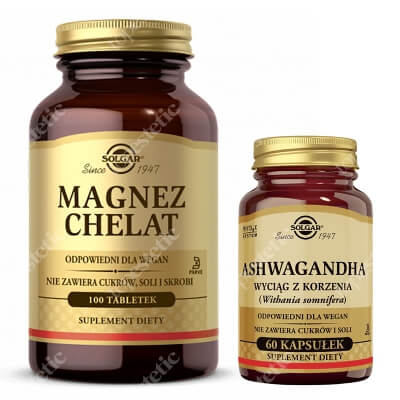 Solgar Ashwagandha + Magnez Chelat Aminokwasowy ZESTAW Wyciąg z korzenia (Witania Ospała) 60 kaps. + Zapewniający najlepszą wchłanialność 100 tabletek