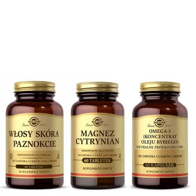Solgar Balance Set ZESTAW Włosy, Skóra, Paznokcie 60 tabletek + Cytrynian 60 tabletek + Omega 3 60 kapsułek