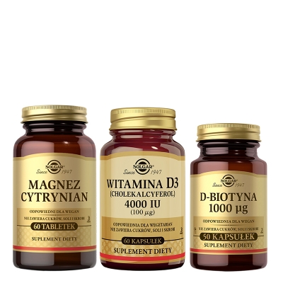 Solgar D-Biotyna + Magnez Cytrynian + Witamina D3 43 ZESTAW Suplement diety 50 kapsułek + Suplement diety 60 tabletek + Cholekalcyferol 60 kaps.