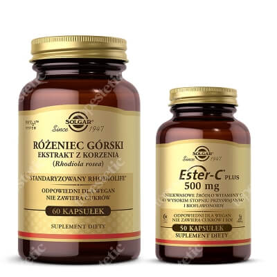Solgar Ester-C Plus 500 mg Witaminy C + Różeniec górski ZESTAW Wysoko przyswajalne niekwasowe źródło witaminy C i bioflawonoidy 50 kapsułek + Ekstrakt z korzenia 60 kapsułek