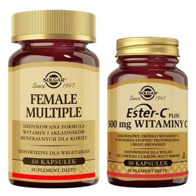 Solgar Ester-C Plus + Female Multiple ZESTAW Wysoko przyswajalne niekwasowe źródło witaminy C i bioflawonoidy 50 kapsułek + Formuła witamin i minerałów dla kobiet 60 tabletek