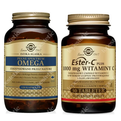 Solgar Ester C Plus + Omega ZESTAW Witamina C – 1000 mg 30 tabletek + Olej z dzikiego łososia alaskańskiego 120 kaps