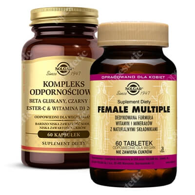 Solgar Female Multiple + Kompleks Odpornościowy ZESTAW Wysoce skuteczna formuła witamin i minerałów dla kobiet 60 tabletek + Kompozycja 7 składników aktywnych 60 kaps