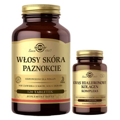 Solgar Hair And Skin ZESTAW Włosy, skóra i paznokcie 120 tabletek + Kwas Hialuronowy i Kolagen 30 tabletek